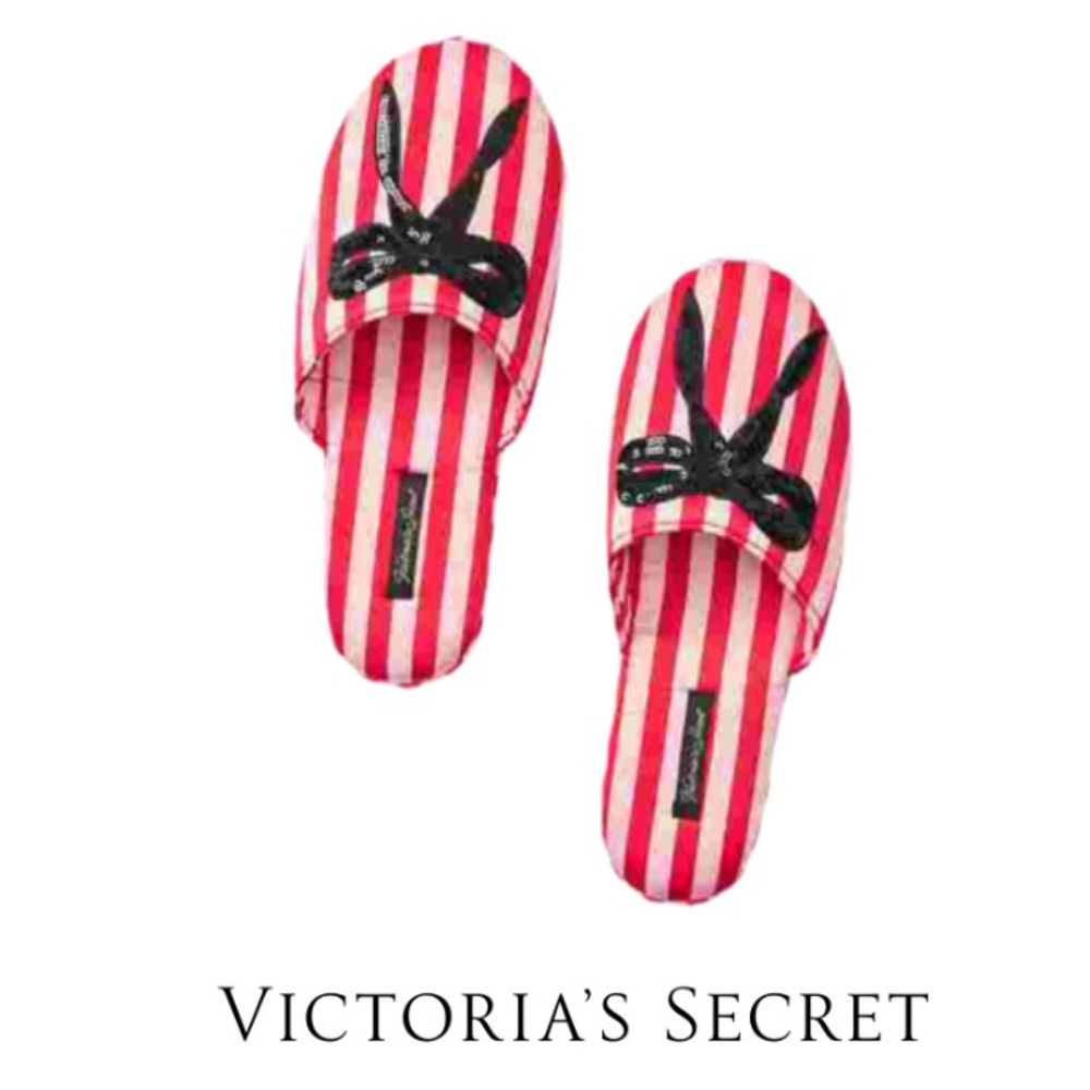 VICTORIAS SECRET | NWT Signature Satin Slippers Pink Red Striped Sequin Bow Med